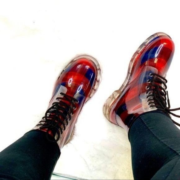 !! NEW !! Plaid Lace Up Combat Style Rain Boots - Picture 10 of 11